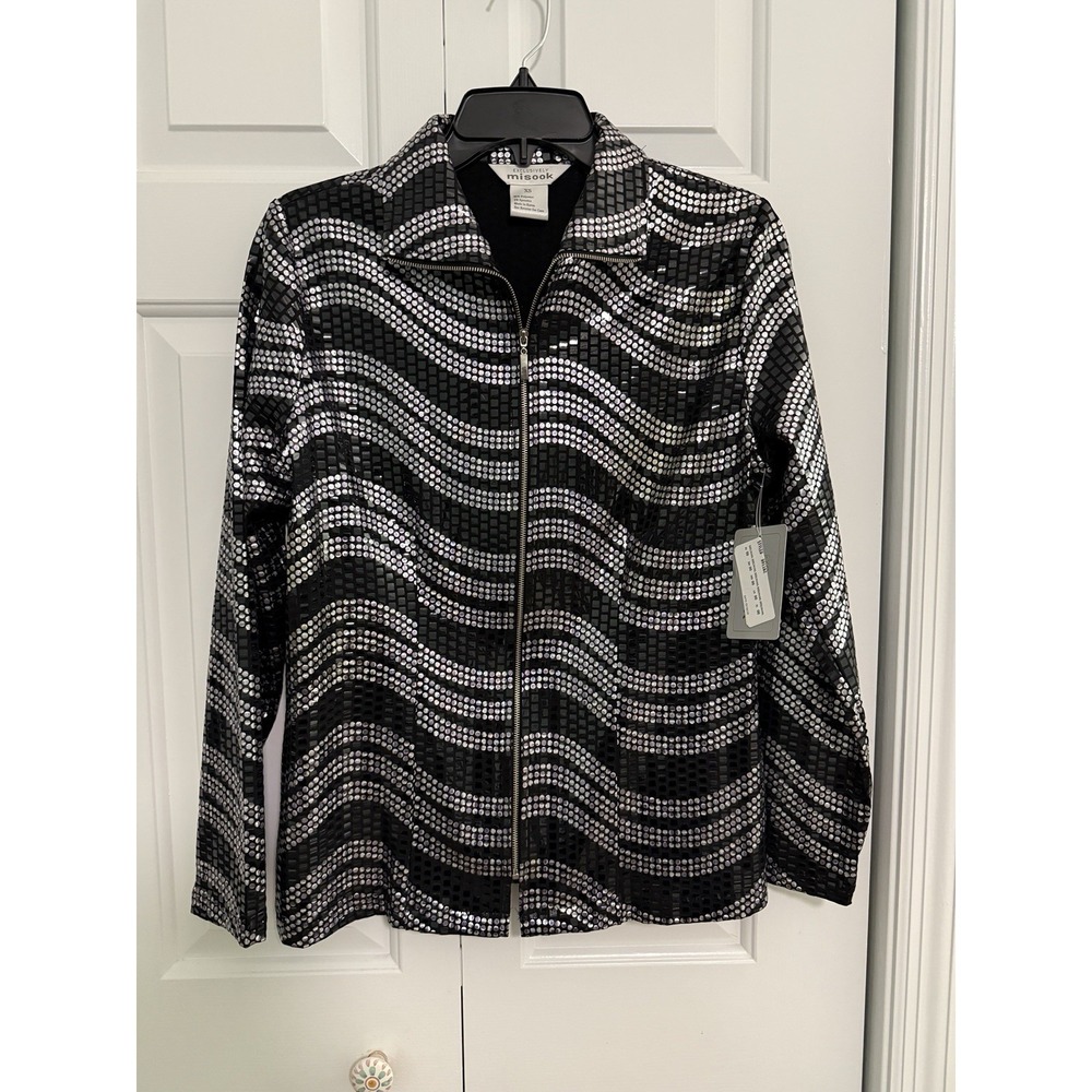 NWT Exclusively Misook Women's Black/Silver Sequin Full Zip Jacket XS